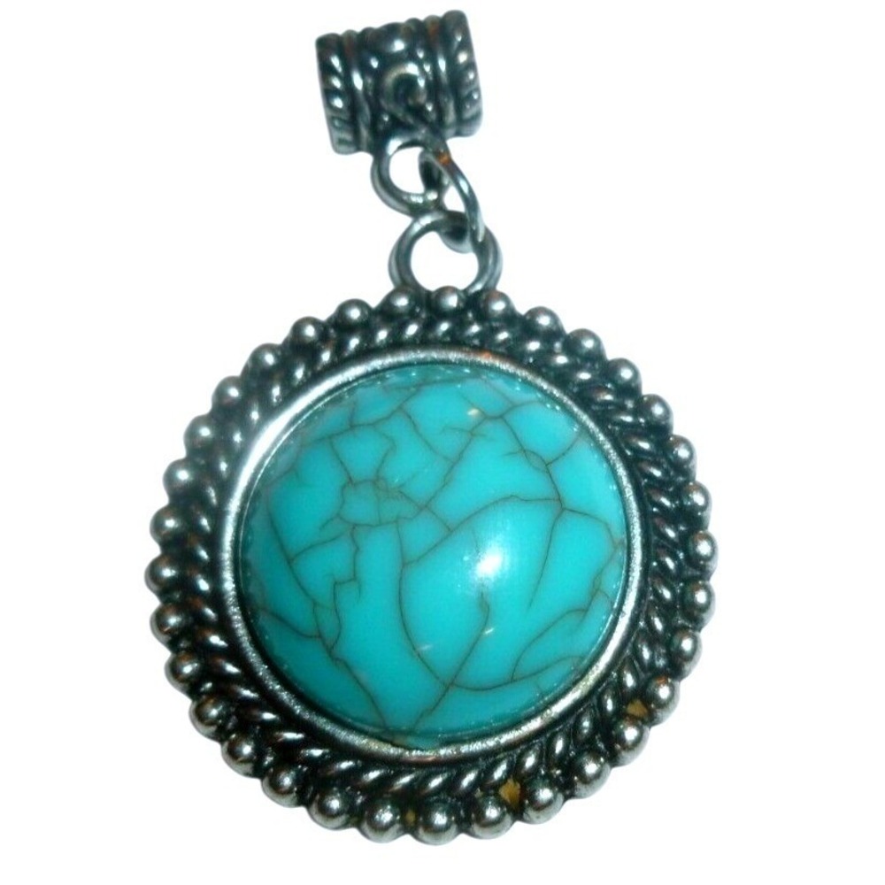 Southwestern Silver Tone Faux Turquoise Round Slide Pendant Western‎ Boho 1.25"